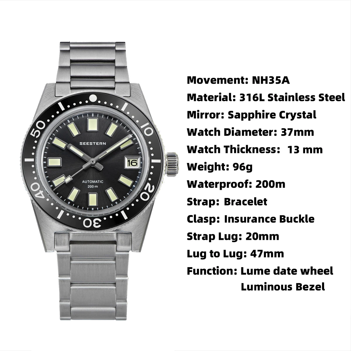 SEESTERN 62MAS Diving Watch Men Automatic Mechanical Wristwatch Luminous Bezel Waterproof NH35 Movement Sapphire Glass Bracelet