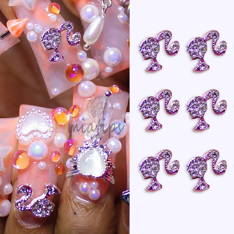 10pcs Nail Charms Hot Pink Doll Cartoon Design DIY Glitter 3D Nail Art Decorations Jewelry Crafts Rhinestone Accessories