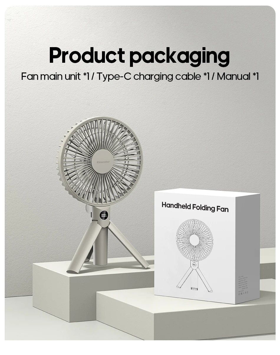 New Foldable Tripod Handheld Fan 3000mAh 4-Speed Rechargeable Fan LED Digital Display Portable Fan for Outdoor Travel Camping