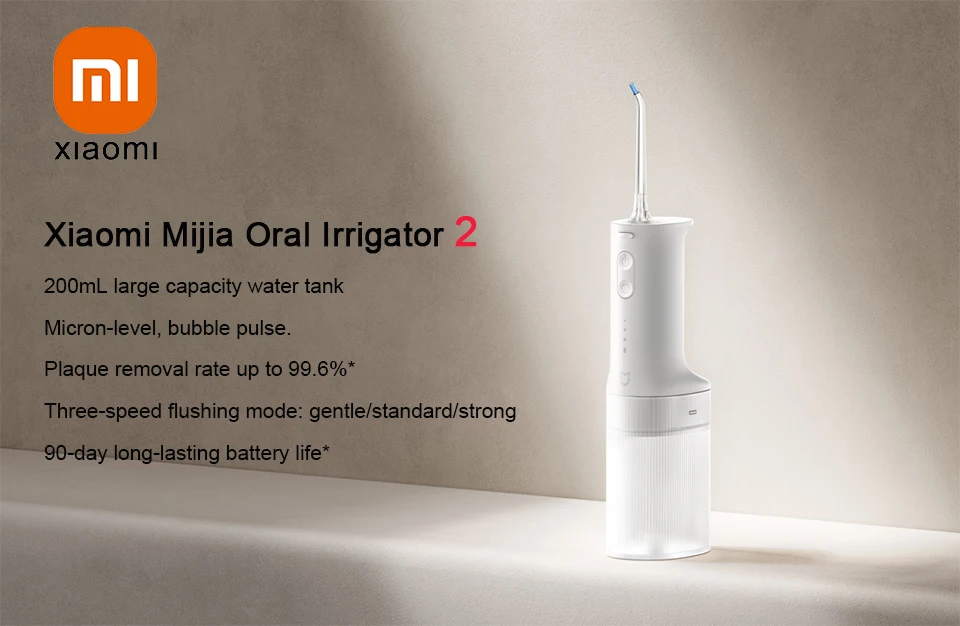 Xiaomi Mijia Oral Irrigator 2, Portable Electric Water Flosser 200ml Type-C Charge 3 Modes for Teeth/Gum Cleaning 2 Nozzles