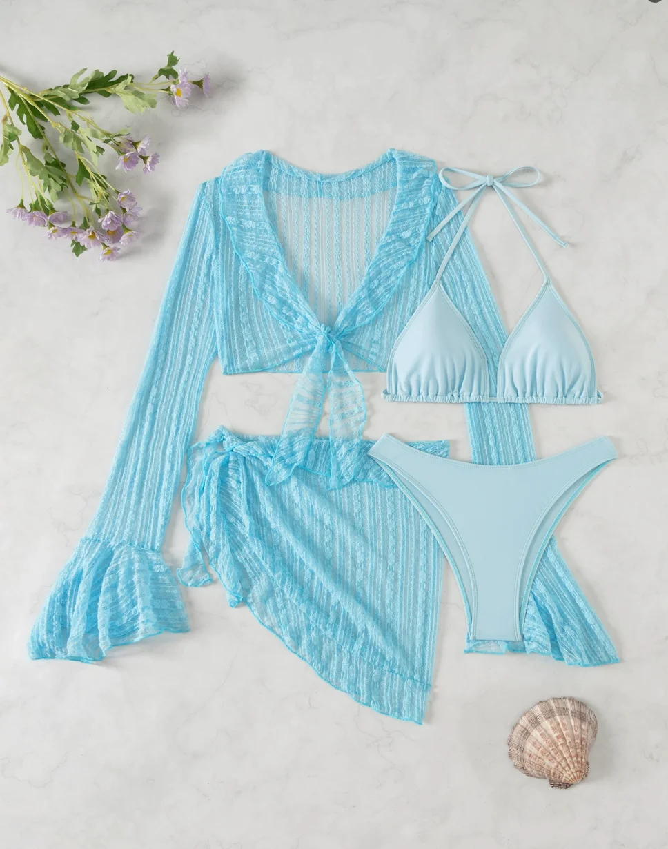 2026 Sexy Four-piece Women Swimsuit Long-sleeve Cover-up Swimwear Summer Solid Bikini Set Brazilian Beachwear Party bathing suit