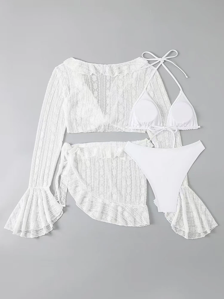 2026 Sexy Four-piece Women Swimsuit Long-sleeve Cover-up Swimwear Summer Solid Bikini Set Brazilian Beachwear Party bathing suit