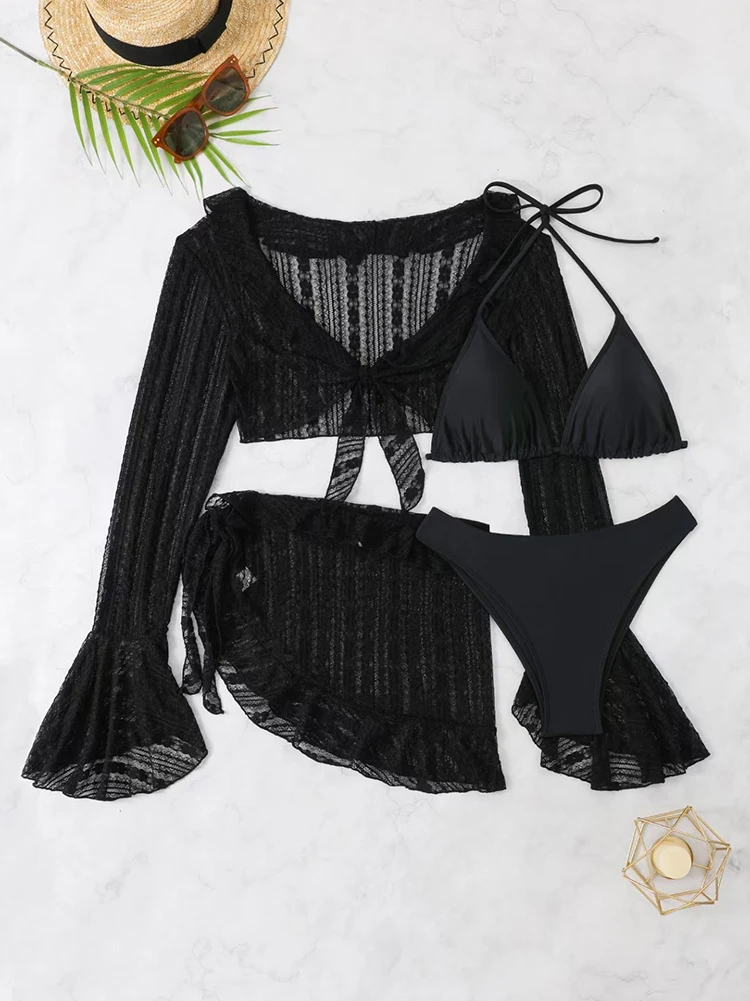 2026 Sexy Four-piece Women Swimsuit Long-sleeve Cover-up Swimwear Summer Solid Bikini Set Brazilian Beachwear Party bathing suit