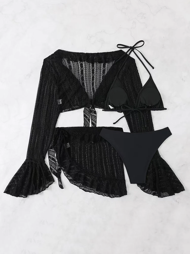 2026 Sexy Four-piece Women Swimsuit Long-sleeve Cover-up Swimwear Summer Solid Bikini Set Brazilian Beachwear Party bathing suit