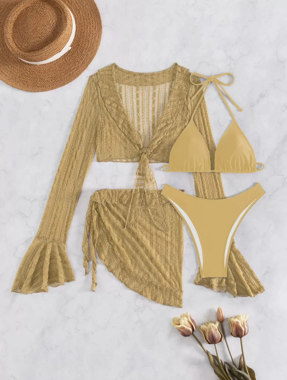 2026 Sexy Four-piece Women Swimsuit Long-sleeve Cover-up Swimwear Summer Solid Bikini Set Brazilian Beachwear Party bathing suit