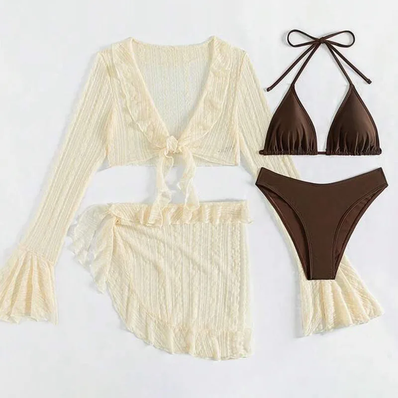 2026 Sexy Four-piece Women Swimsuit Long-sleeve Cover-up Swimwear Summer Solid Bikini Set Brazilian Beachwear Party bathing suit