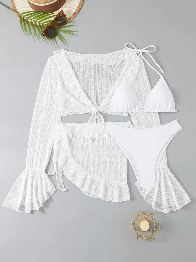 2026 Sexy Four-piece Women Swimsuit Long-sleeve Cover-up Swimwear Summer Solid Bikini Set Brazilian Beachwear Party bathing suit