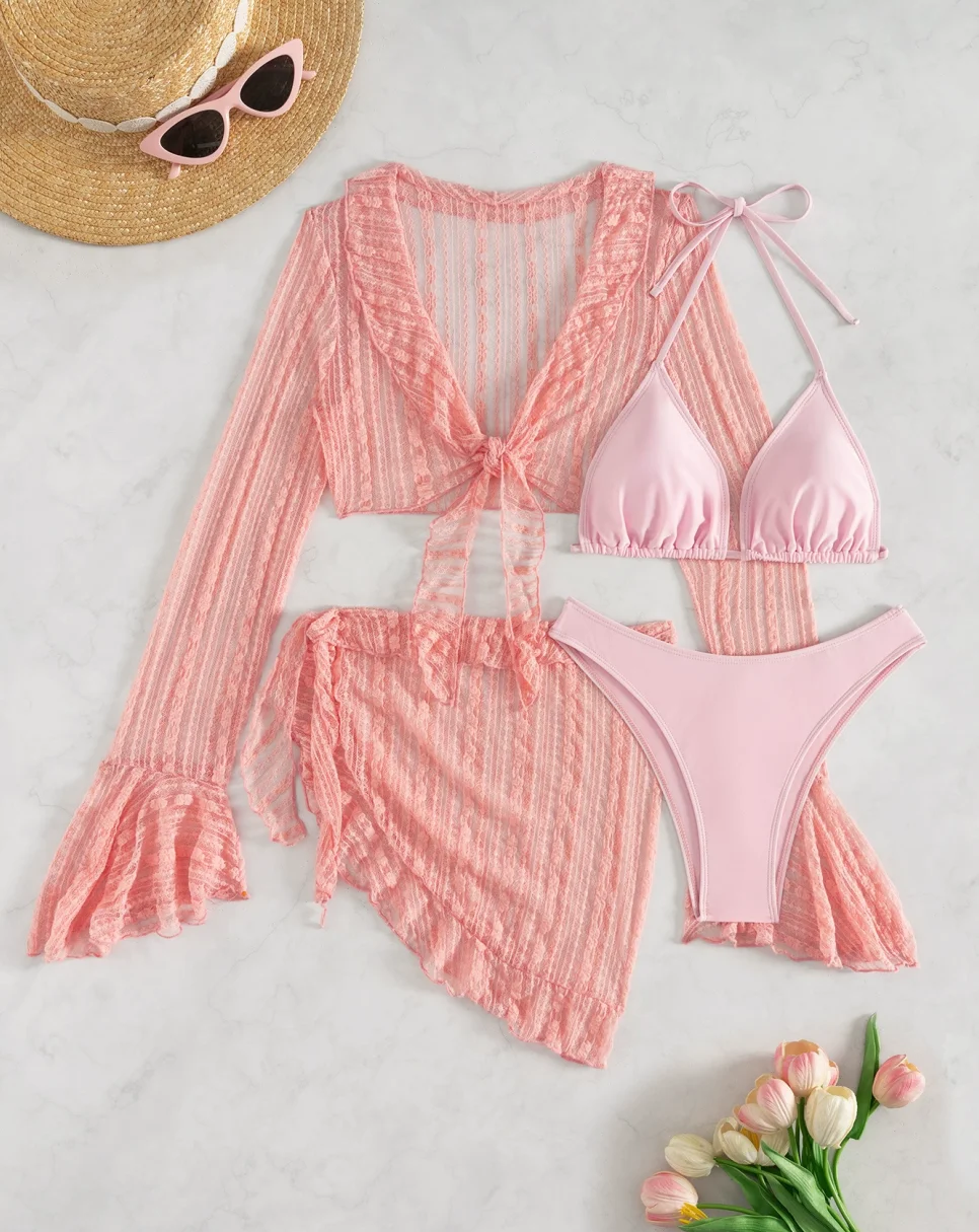 2026 Sexy Four-piece Women Swimsuit Long-sleeve Cover-up Swimwear Summer Solid Bikini Set Brazilian Beachwear Party bathing suit