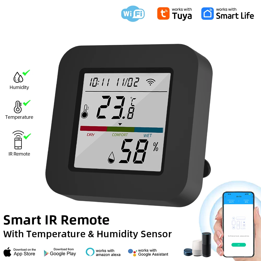 Tuya Smart Universal IR Remote With Temperature Humidity Sensor for Air Conditioner TV AC Works with Alexa Google Home Yandex