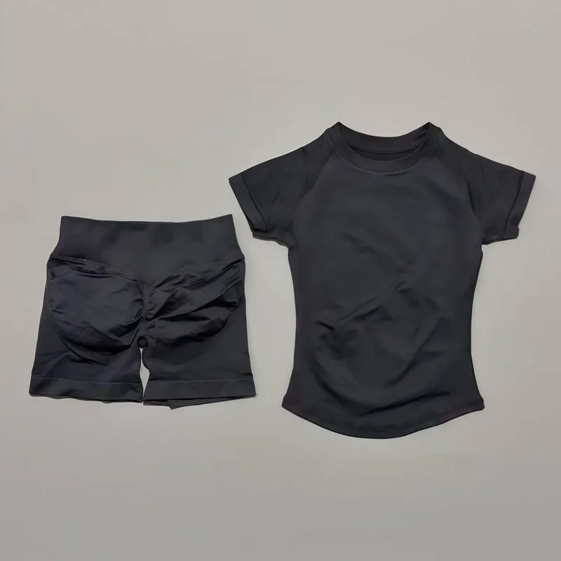 2 Pcs HISTELLO Sports Gym Sets Short Sleeve Seamless Yoga Clothing Fitness Set Women Workout Running Sports Short Leggings Suit