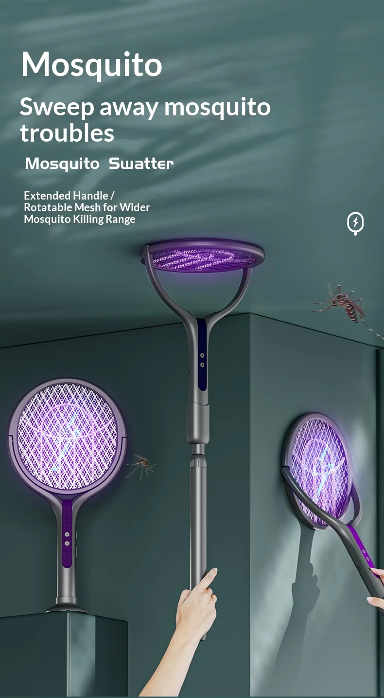 Rotating Head Bug Zapper Racket Rechargeable Electric Fly Swatter Fly Killer and Mosquito Trap Lamp for Indoor and Outdoor