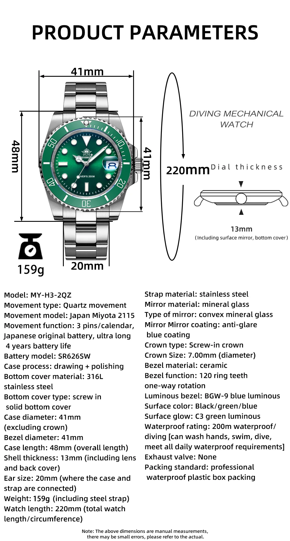 ADDIESDIVE Men's Classic Watch with Ceramic Bezel 200m Water Resistant Casual Quartz Watch BGW9 Blue Luminous Gift Watch MY-H3-2