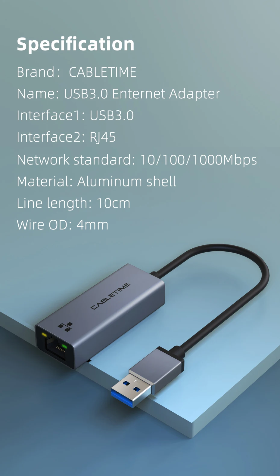CABLETIME USB Ethernet Adapter 100/1000 Mbps USB 3.0 RJ45 Network Card for Macbook Laptop Internet Adapter RJ45 Adapter