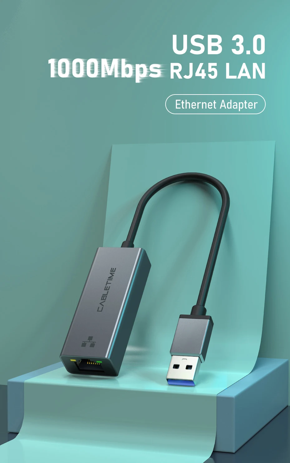 CABLETIME USB Ethernet Adapter 100/1000 Mbps USB 3.0 RJ45 Network Card for Macbook Laptop Internet Adapter RJ45 Adapter