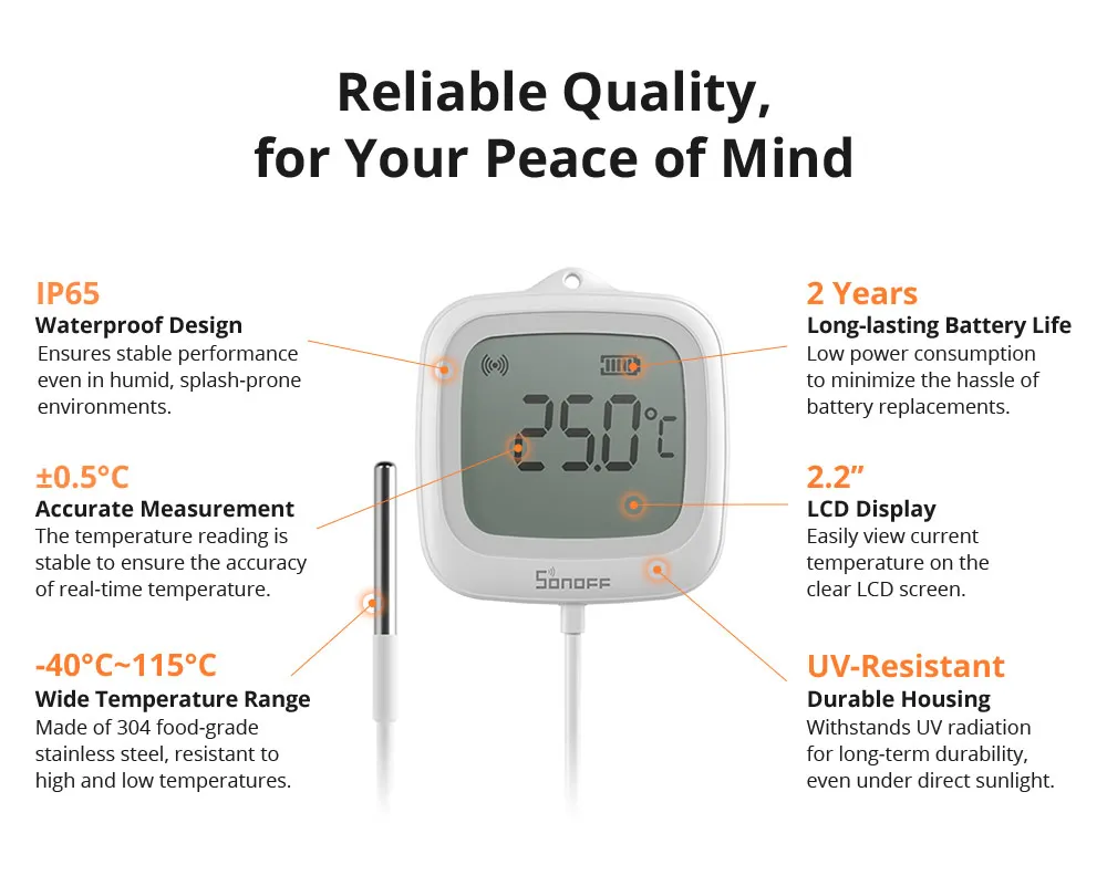 SONOFF SNZB-02LD Zigbee3.0 LCD Smart Thermometer with Probe IP65 Waterproof for Fridge Pool Fish tank Wine Cellar via ZBBridge-P