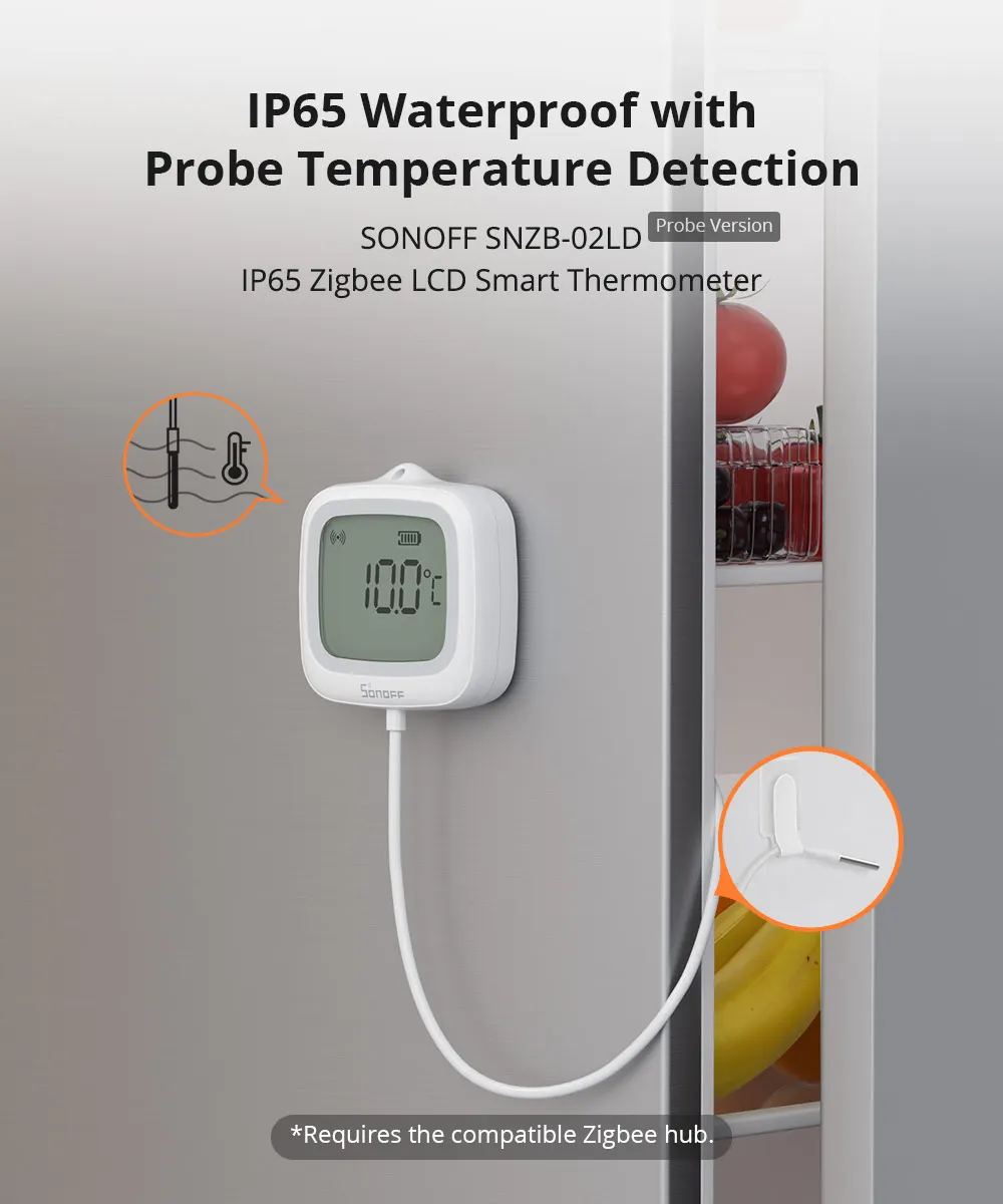 SONOFF SNZB-02LD Zigbee3.0 LCD Smart Thermometer with Probe IP65 Waterproof for Fridge Pool Fish tank Wine Cellar via ZBBridge-P