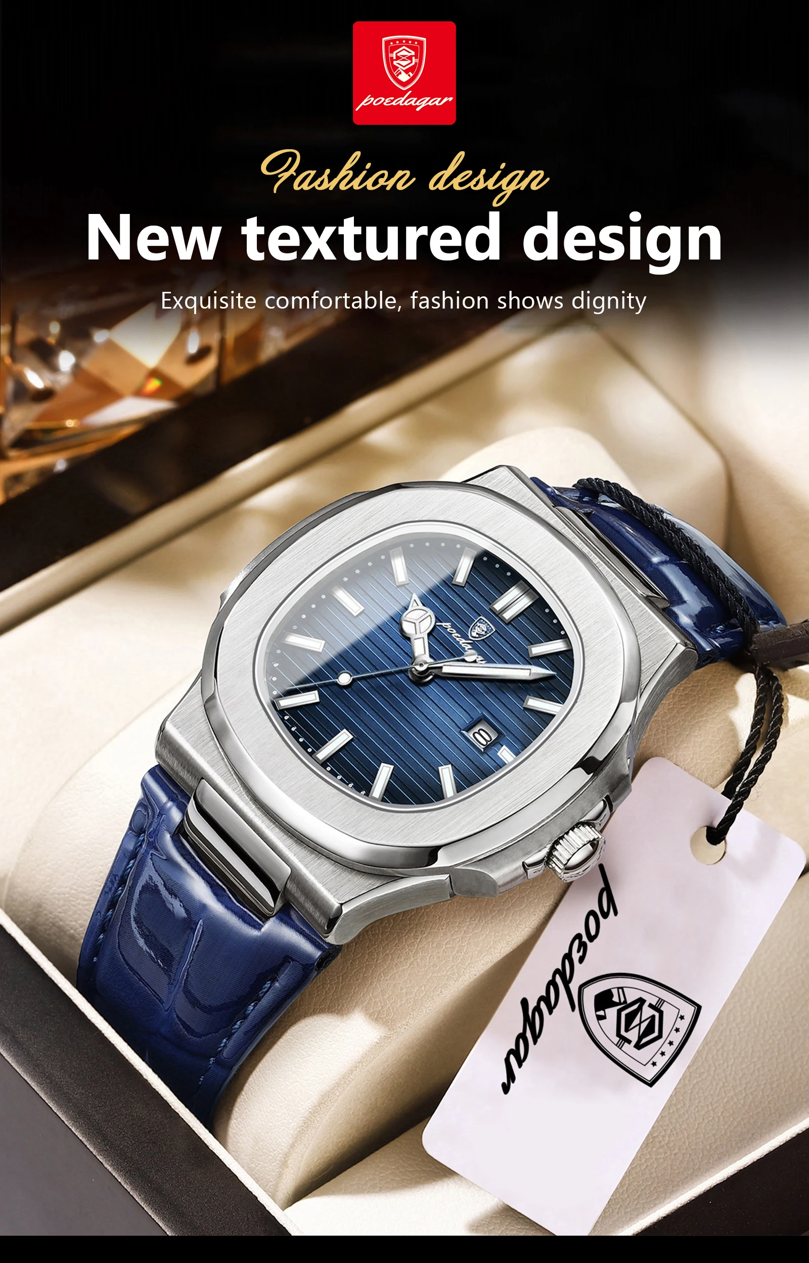 POEDAGAR Top Square Man Watch Date Waterproof Luminous Luxury Men Wristwatch High Quality Leather Men's Quartz Watches+Box Reloj