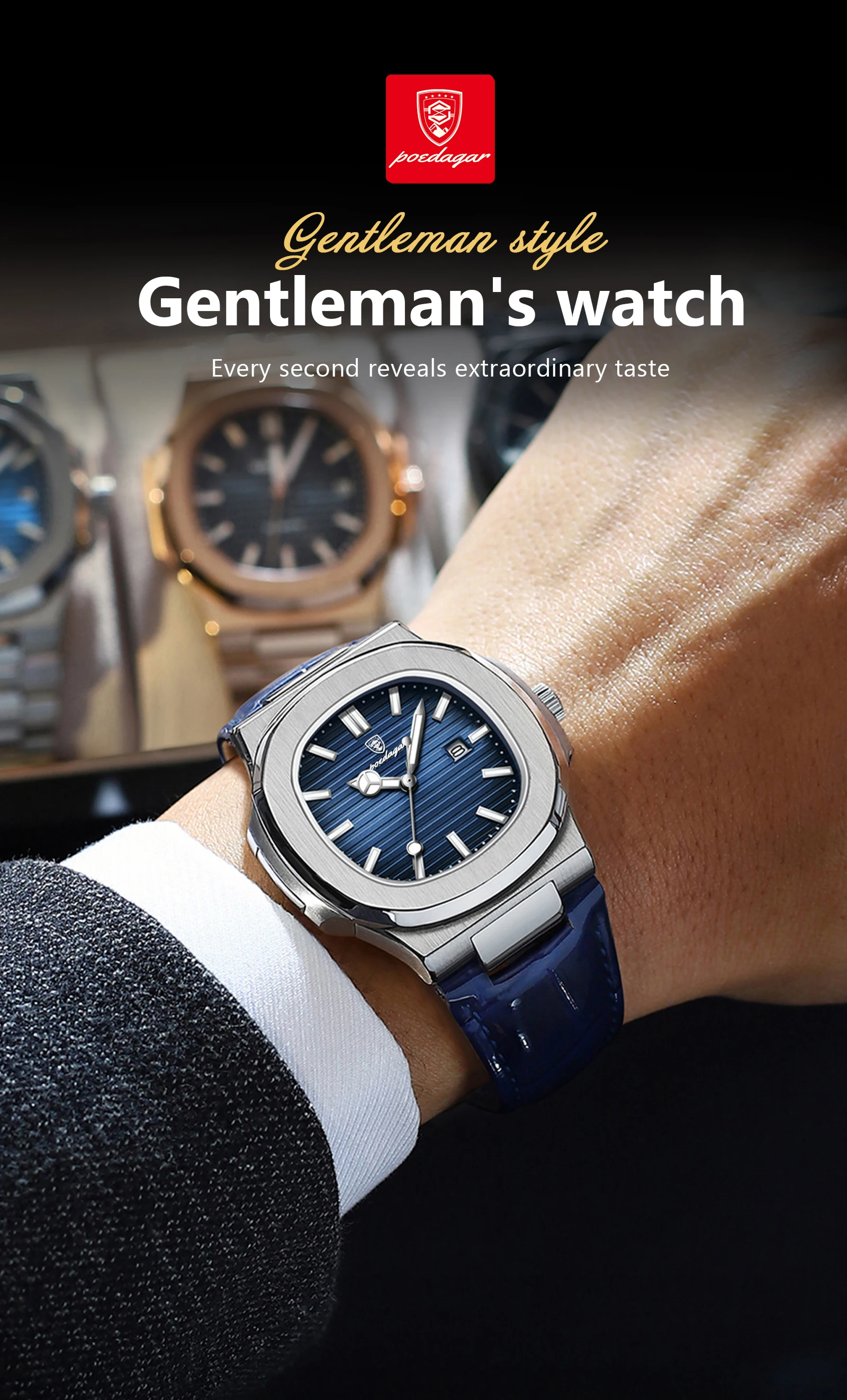 POEDAGAR Top Square Man Watch Date Waterproof Luminous Luxury Men Wristwatch High Quality Leather Men's Quartz Watches+Box Reloj