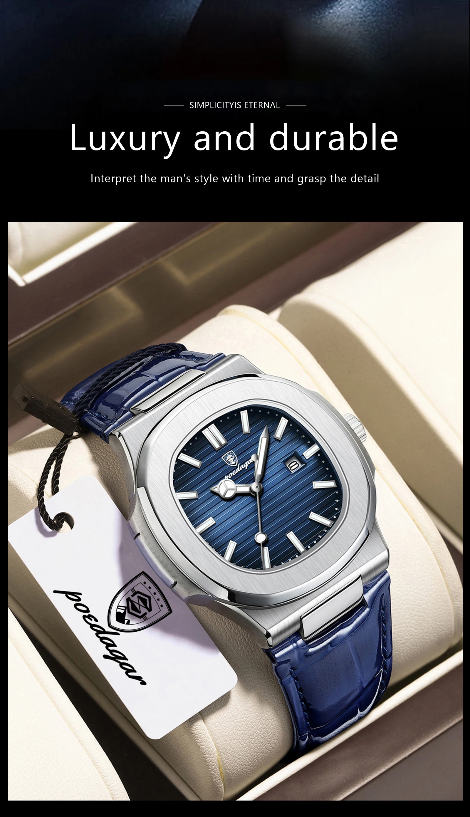 POEDAGAR Top Square Man Watch Date Waterproof Luminous Luxury Men Wristwatch High Quality Leather Men's Quartz Watches+Box Reloj