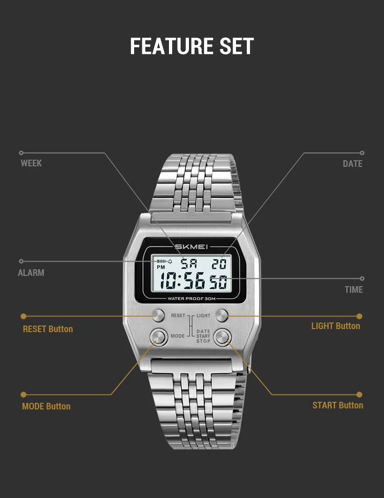 SKMEI 2460 Men's Sports Waterproof Digital Watch Stainless Steel Luxury Retro LED Alarm Clock Men's Electronic Watch Reloj Hombr