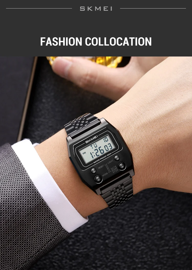 SKMEI 2460 Men's Sports Waterproof Digital Watch Stainless Steel Luxury Retro LED Alarm Clock Men's Electronic Watch Reloj Hombr