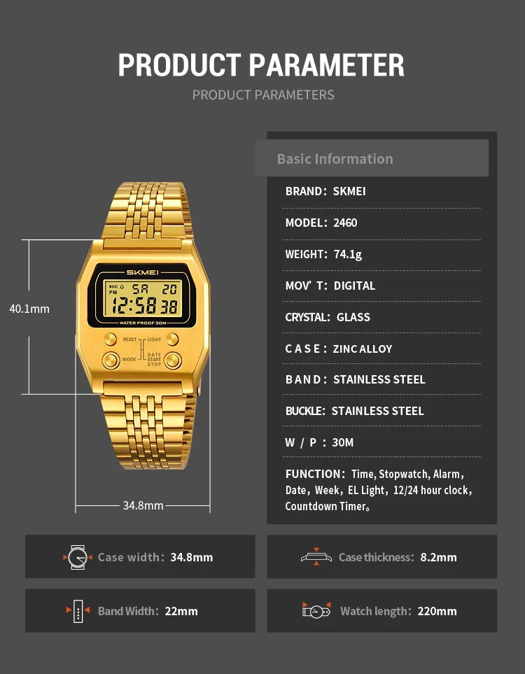SKMEI 2460 Men's Sports Waterproof Digital Watch Stainless Steel Luxury Retro LED Alarm Clock Men's Electronic Watch Reloj Hombr