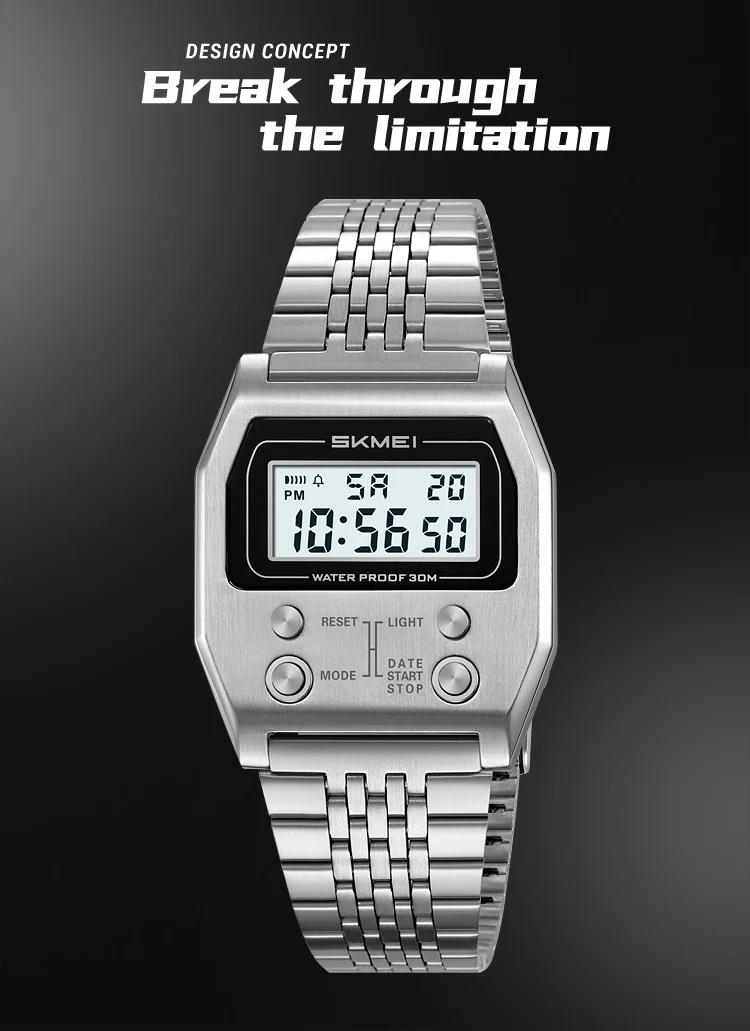 SKMEI 2460 Men's Sports Waterproof Digital Watch Stainless Steel Luxury Retro LED Alarm Clock Men's Electronic Watch Reloj Hombr