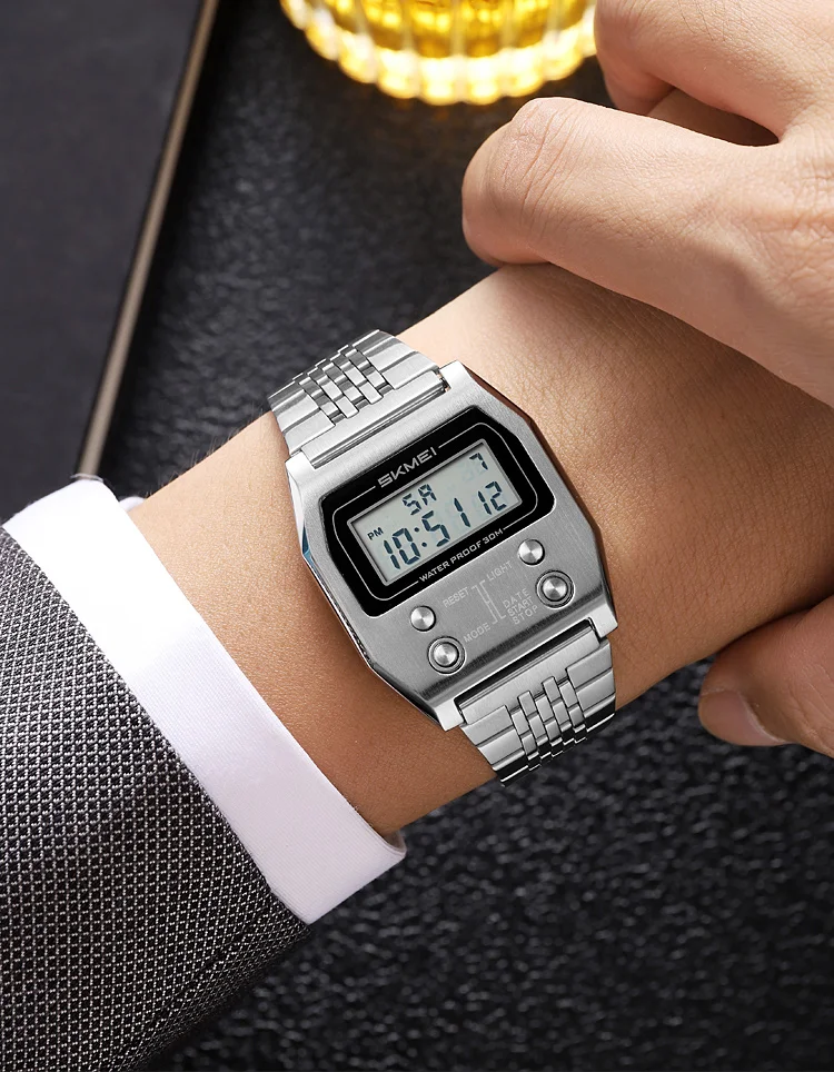 SKMEI 2460 Men's Sports Waterproof Digital Watch Stainless Steel Luxury Retro LED Alarm Clock Men's Electronic Watch Reloj Hombr