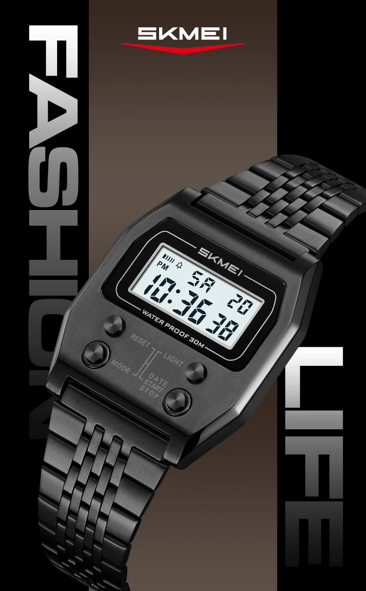 SKMEI 2460 Men's Sports Waterproof Digital Watch Stainless Steel Luxury Retro LED Alarm Clock Men's Electronic Watch Reloj Hombr
