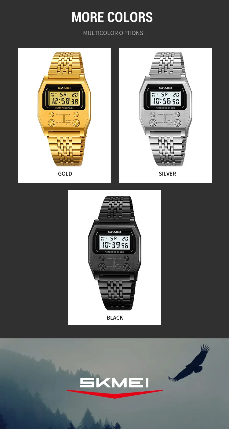 SKMEI 2460 Men's Sports Waterproof Digital Watch Stainless Steel Luxury Retro LED Alarm Clock Men's Electronic Watch Reloj Hombr