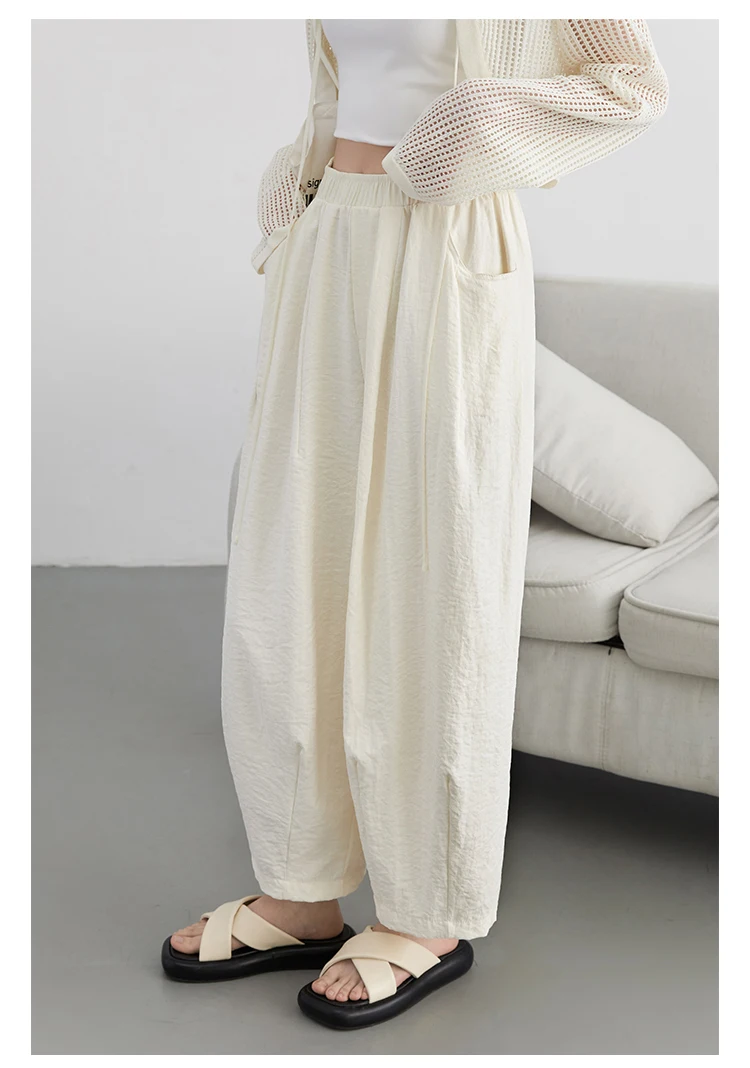 CHIC VEN Women White Pants Solid Casual Elastic Waist High Waisted Pleated Wide Leg Female Trousers Fold Summer 2025 Clothing