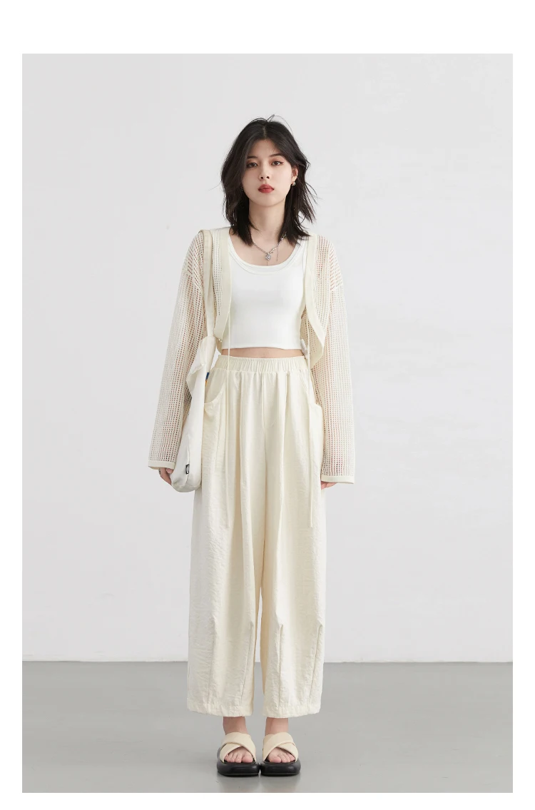 CHIC VEN Women White Pants Solid Casual Elastic Waist High Waisted Pleated Wide Leg Female Trousers Fold Summer 2025 Clothing