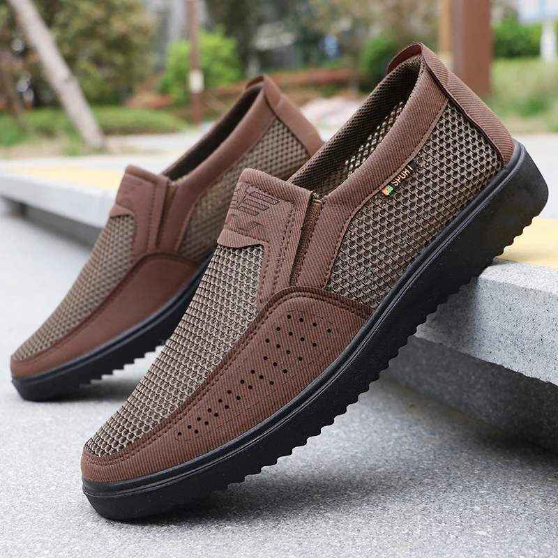 Men's Breathable Slip-On Casual Shoes - Lightweight Low-Top Walking Sneakers, Suitable for Outdoor Activities, Fishing, Parks, and Exercise, Brown Mesh Fabric, Rubber Sole, Comfortable for All Seasons, Outdoor Footwear | Low-Top Shoes | Fabric Shoe Upper