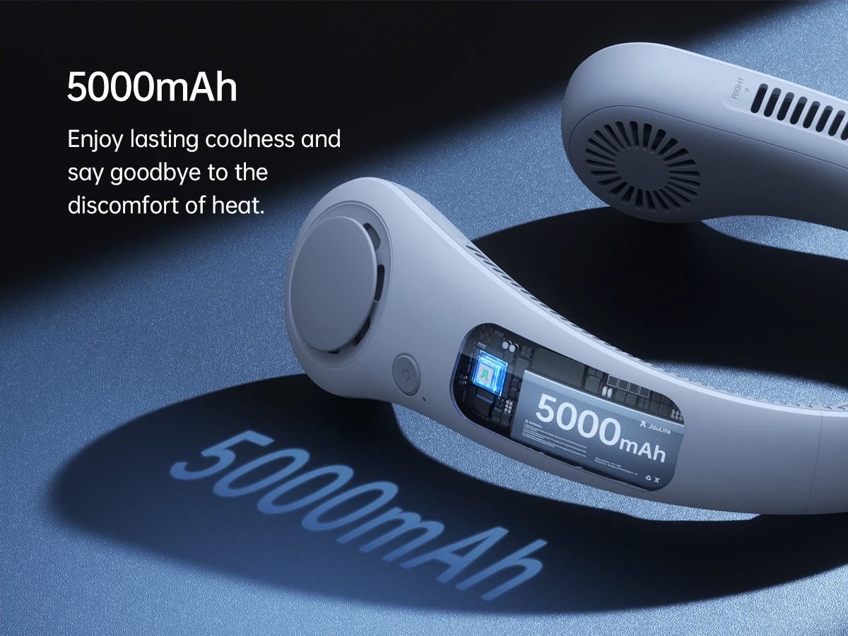 JISULIFE Portable Neck Fan Upgraded, 5000mAh Battery, Necksupport, 5 Speeds Gears Adjustment, Outdoor Wearable Hands-Free Fan