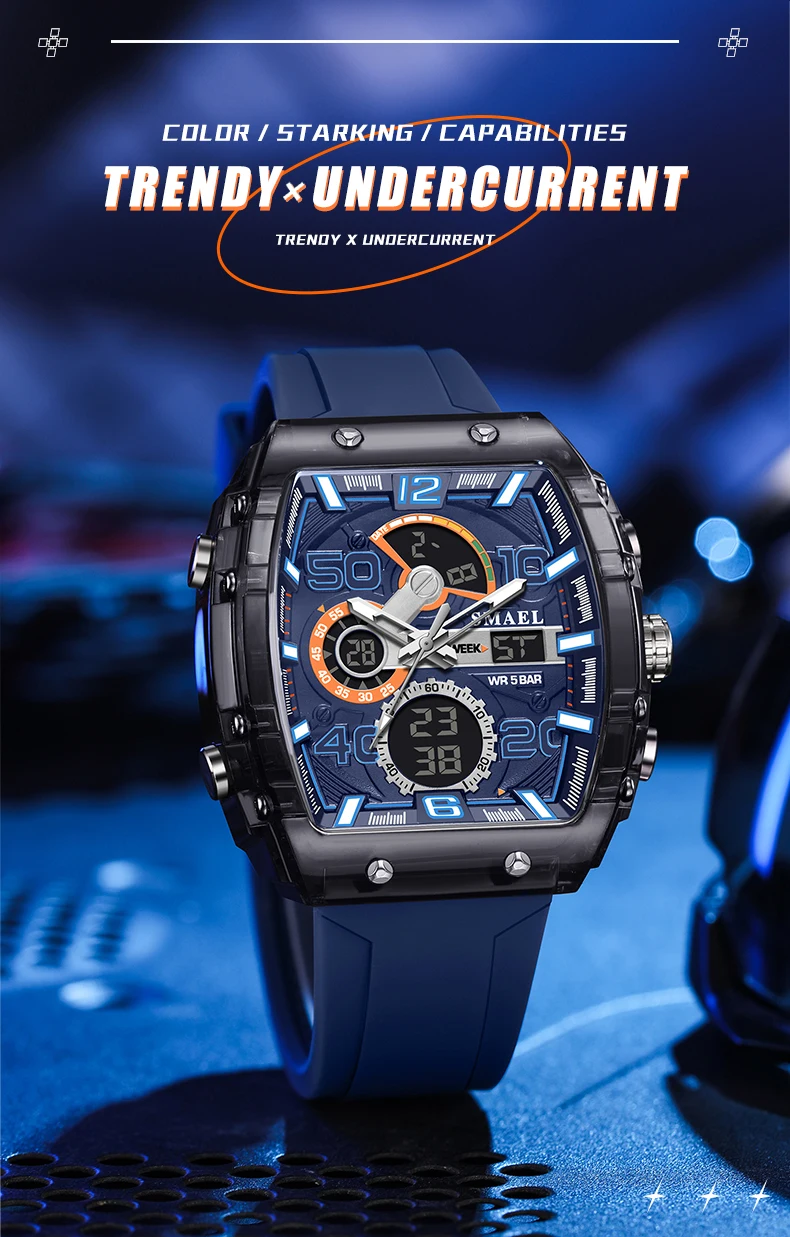SMAEL Brand 8109 New electronic watch fashion square dual display waterproof luminous Multi-color For Men