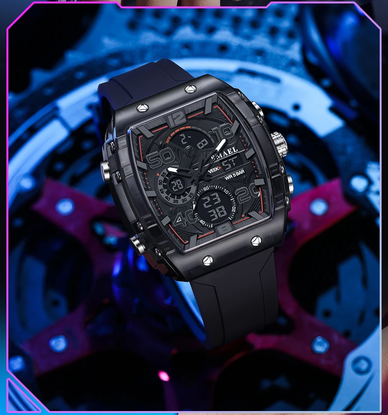 SMAEL Brand 8109 New electronic watch fashion square dual display waterproof luminous Multi-color For Men