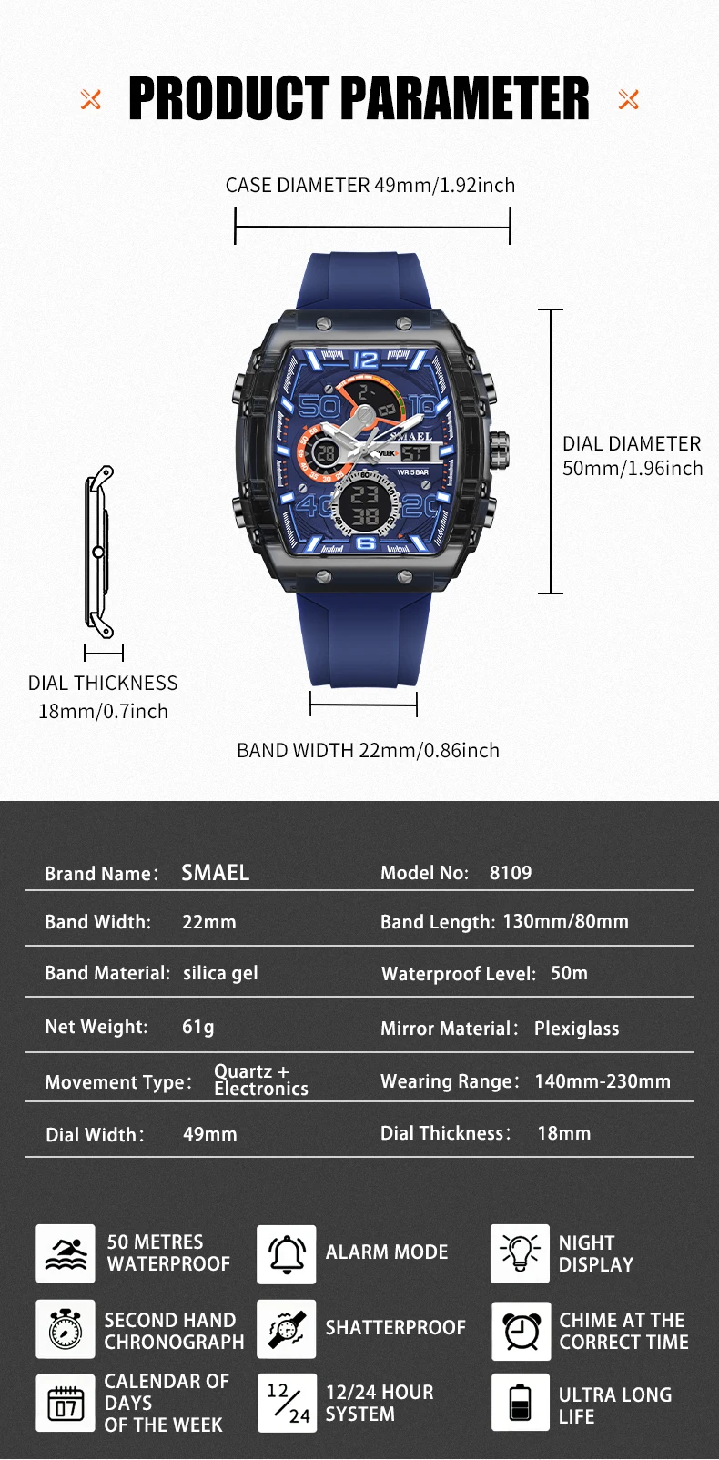 SMAEL Brand 8109 New electronic watch fashion square dual display waterproof luminous Multi-color For Men