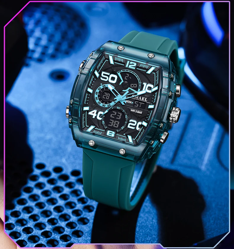 SMAEL Brand 8109 New electronic watch fashion square dual display waterproof luminous Multi-color For Men