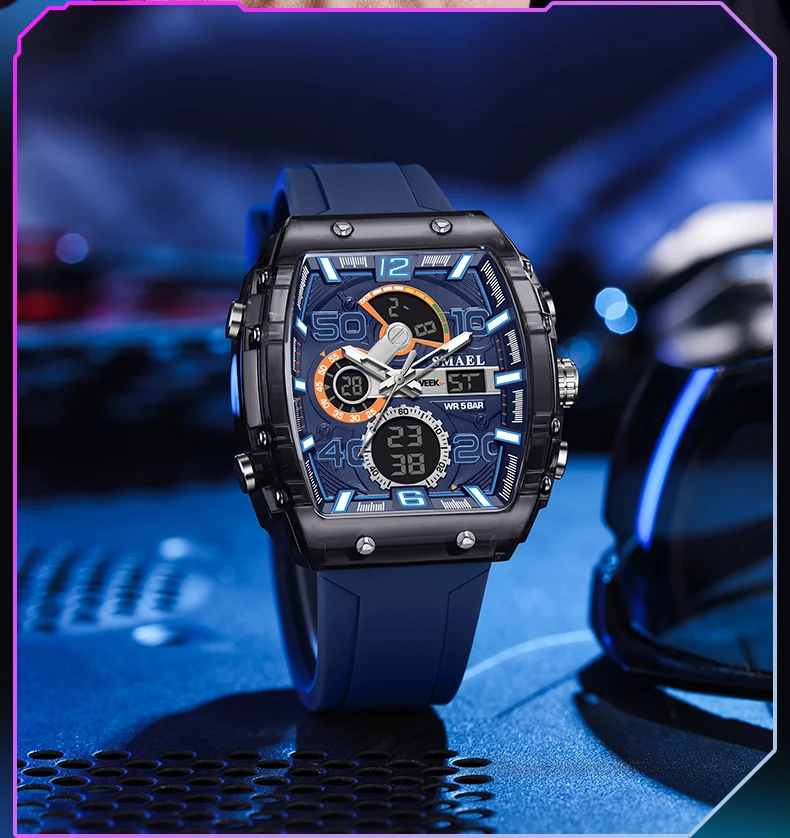 SMAEL Brand 8109 New electronic watch fashion square dual display waterproof luminous Multi-color For Men