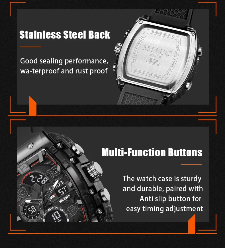 SMAEL Brand 8109 New electronic watch fashion square dual display waterproof luminous Multi-color For Men