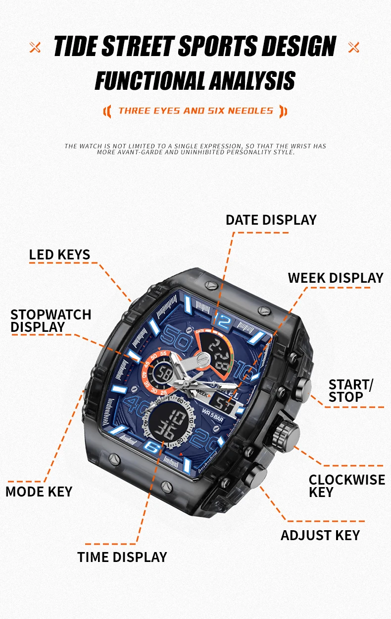 SMAEL Brand 8109 New electronic watch fashion square dual display waterproof luminous Multi-color For Men