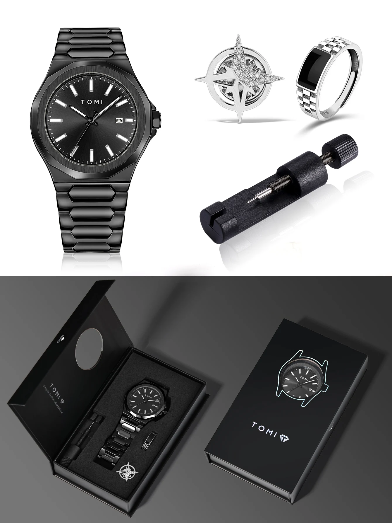TOMI Luxury Business Men's Watch Gift Box Set High Quality Rose Gold Case Simple and Versatile Quartz Watch Relogio Masculino