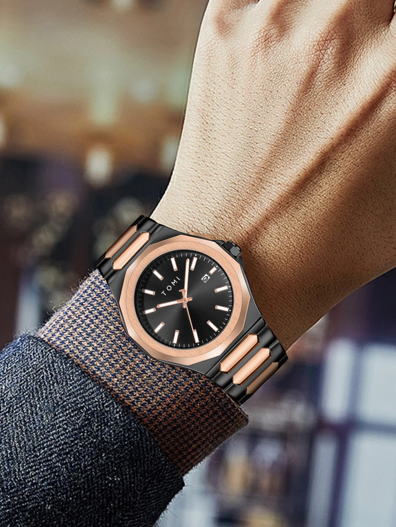 TOMI Luxury Business Men's Watch Gift Box Set High Quality Rose Gold Case Simple and Versatile Quartz Watch Relogio Masculino