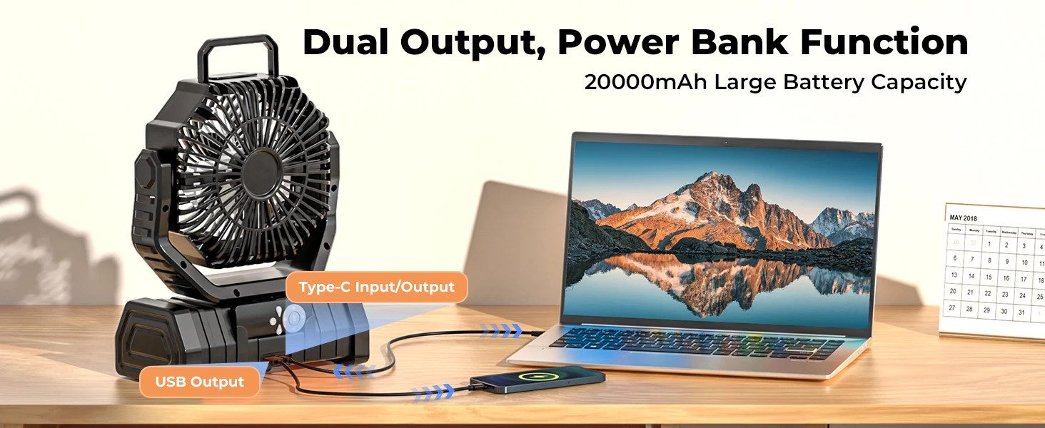 Camping Fan 20000mAh Battery Powered Fan Rechargeable with LED Light Portable Outdoor Tent Fan with Hanging Hook 4 Speeds Wind