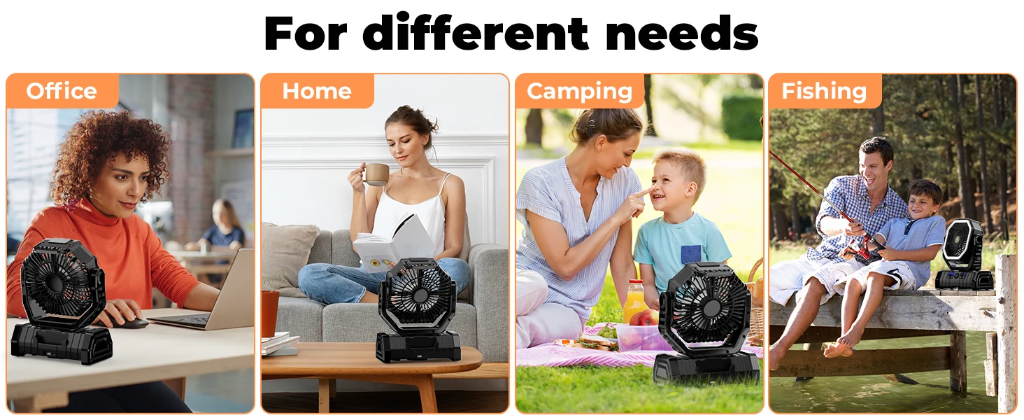 Camping Fan 20000mAh Battery Powered Fan Rechargeable with LED Light Portable Outdoor Tent Fan with Hanging Hook 4 Speeds Wind