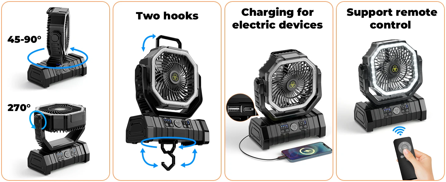 Camping Fan 20000mAh Battery Powered Fan Rechargeable with LED Light Portable Outdoor Tent Fan with Hanging Hook 4 Speeds Wind