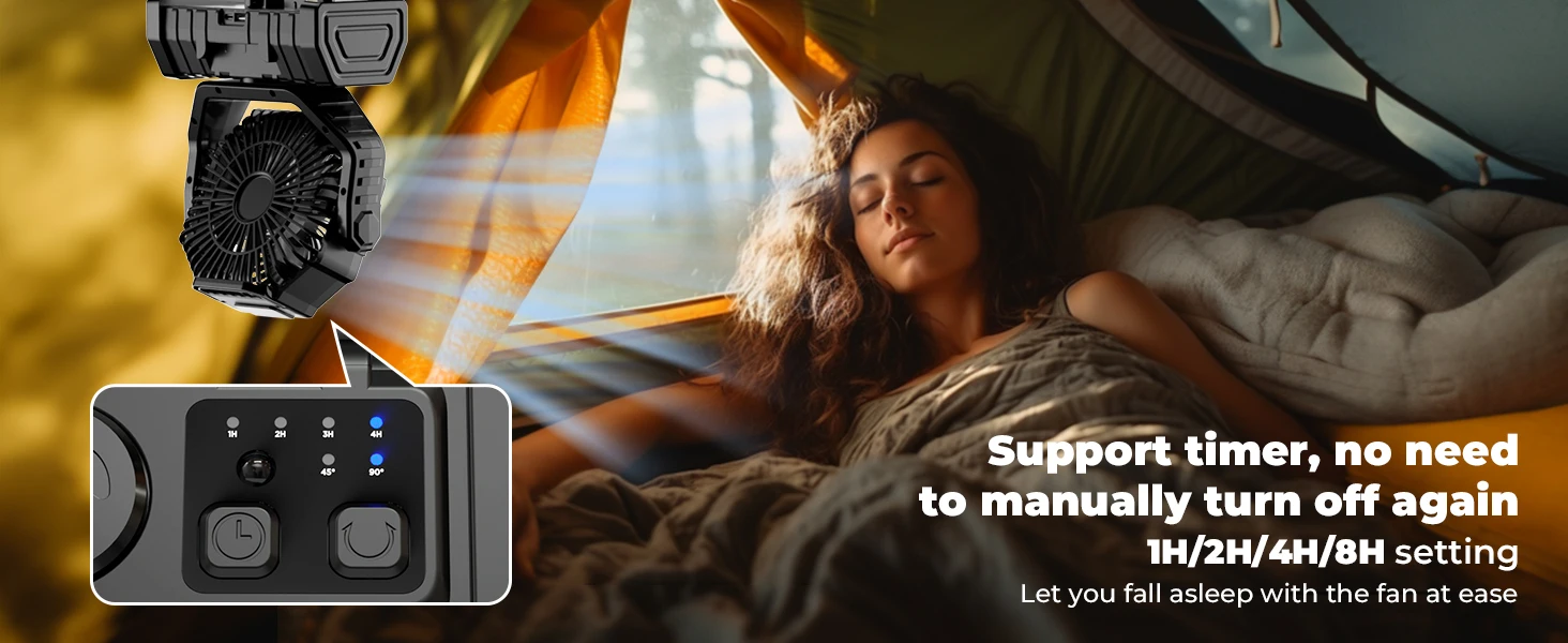 Camping Fan 20000mAh Battery Powered Fan Rechargeable with LED Light Portable Outdoor Tent Fan with Hanging Hook 4 Speeds Wind