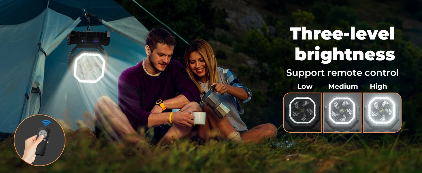 Camping Fan 20000mAh Battery Powered Fan Rechargeable with LED Light Portable Outdoor Tent Fan with Hanging Hook 4 Speeds Wind