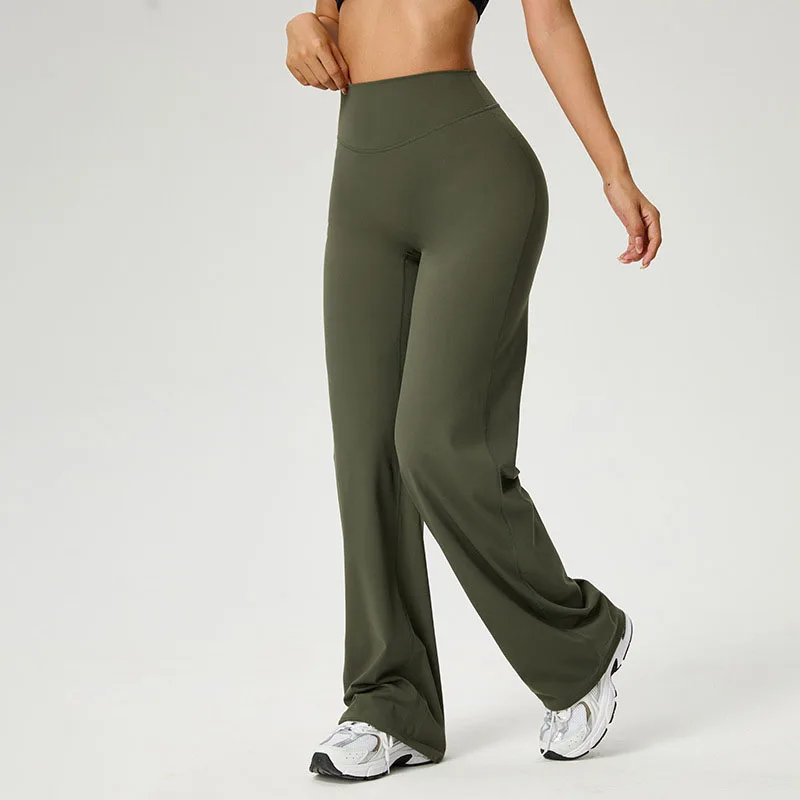 SOISOU Nylon High Waist Wide Straight-Leg Pants Ultra Soft Butter Fabric Women's High Elastic Yoga Pants Running Sport Trousers