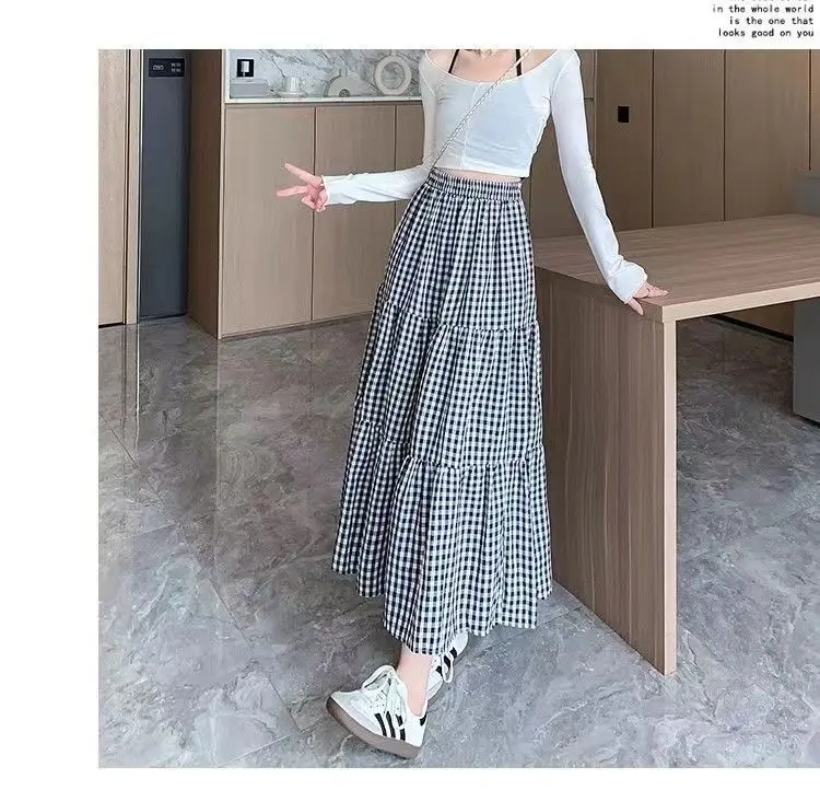 Patchwork Tiered Skirt Women 2025 Summer Vintage Checkered High Waisted Elastic Waist Slimming Midi Skir